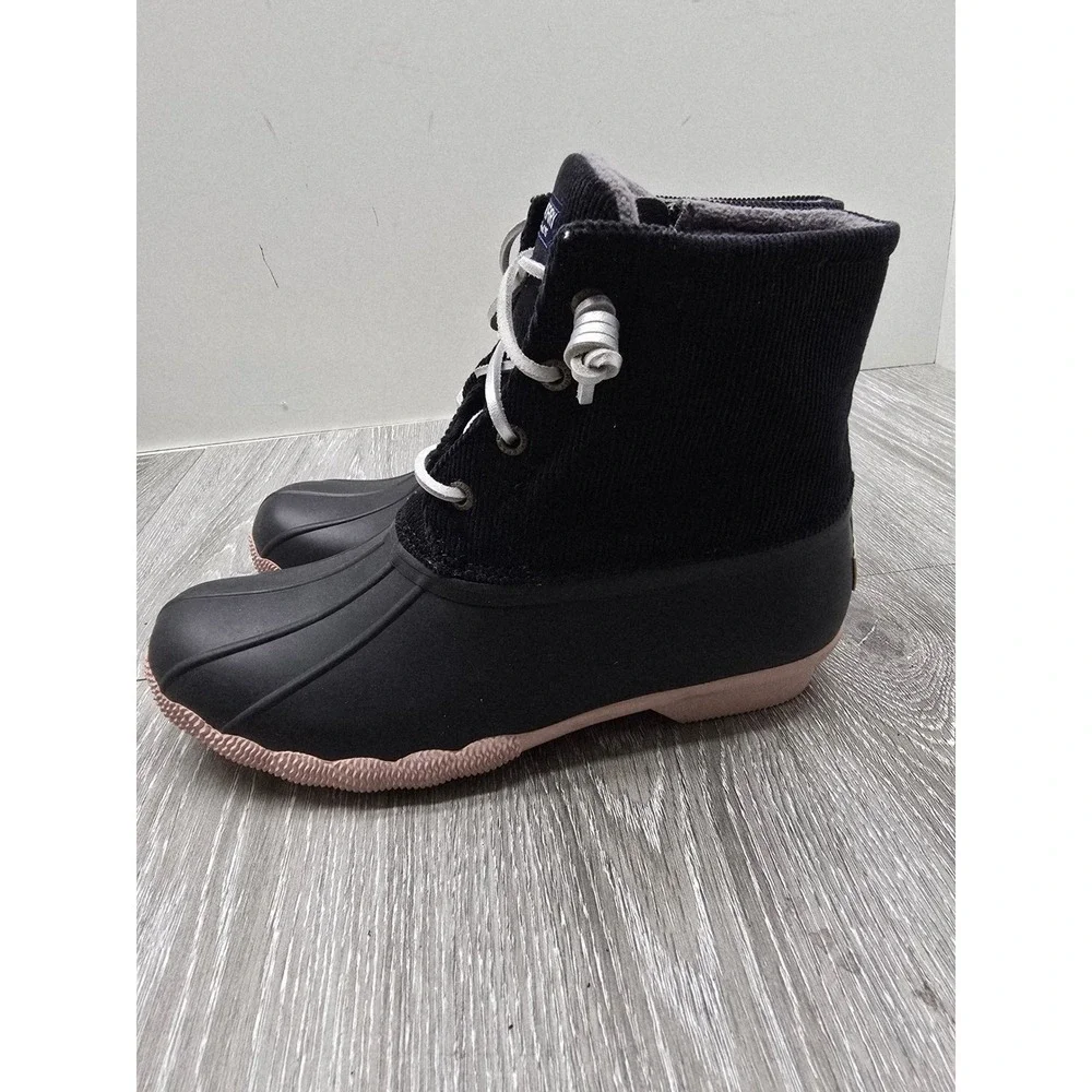Sperry Saltwater Corduroy‎ Duck Boots Womens 7 Black Pink Side Zip STS85323